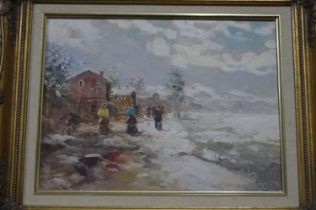 N Pisani (Italian 20th century): oil on canvas, Snow at Rivello, signed verso, 40 x 30 cm. Not