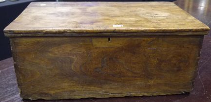 A 19th century elm chest, 78 x 48 x 33 cm H. Signs of early woodworm damage, later lock, some