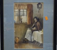 Arthur Hopkins RWS (1848 - 1930): watercolour, interior scene with a seated lady, dated 1902, 21 x