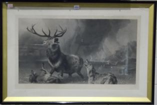 Thomas Landseer (1795 - 1880): Victorian monochrome print, from the engraving The Stag At Bay, 98