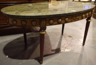 20th century inlaid kingwood oval centre table, with green marble top and Limoges ceramic mounts,