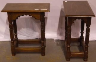 A pair of reproduction oak joint stools in the Tudor manner, each 50 x 29 x 57 cm H. Not available