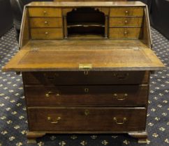 George II oak fall front bureau with fitted interior, for restoration, 90 x 54 x 104 cm H