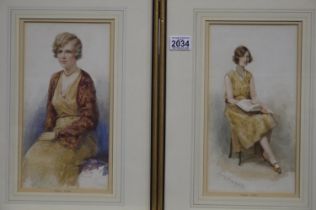 Joshua Fisher (1859 - 1933): A pair of watercolours, portraits of seated ladies, each 16 x 31 cm.