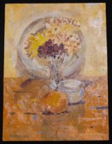 Keith Gardner RCA (b. 1933): oil on board, Plate, Flowers, Bowl, Orange, 23 x 30 cm. UK P&P Group