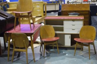 Kandya: suite of mid 20th century dining furniture, comprising an asymmetric sideboard, drop-leaf