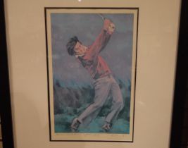 Harold Riley (1934 - 2023): colour lithograph, Severiano Ballesteros Lytham 1979, signed in