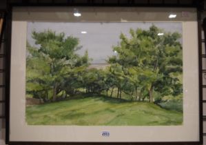 ***WITHDRAWN*** Maurice Cockrill RA (1936 - 2013): watercolour, Welsh landscape with trees, 74 x