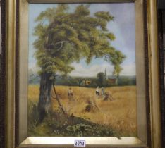 A 19th century English school oil on canvas, haymaking figures with hanging tree and church steeple,