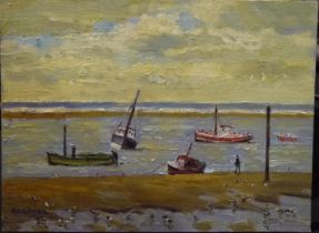 Keith Gardner RCA (b. 1933): oil on board, Boats in Half Filled Channel Hoylake c1980, 30 x 23 cm.