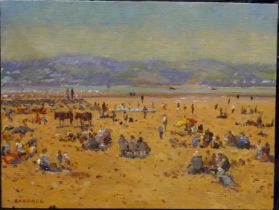 Keith Gardner RCA (b. 1933): oil on board, Summer Beach - West Kirby, 30 x 23 cm. UK P&P Group 2 (£