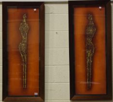 A pair of contemporary artworks in relief, each of stylised figures, each size including frame 55