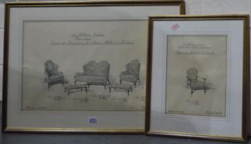 Waring & Gillow: two watercolour-washed sketches, Proposed Furniture for Sir William Cocker of