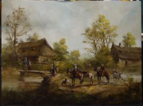 A 19th century Dutch school oil on panel, figural scene with horses and dogs, signed KJ, 40 x 30 cm.