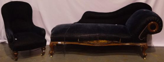 A Victorian upholstered chaise longue, L: 173 cm, and a matching low seated chair