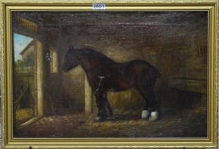 In the manner of Albert Clark (1821-1909), A shire horse in stable. Oil on canvas, unsigned,
