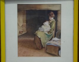 Carlton Alfred Smith (1853-1946): watercolour, interior scene with woman and infant child, dated