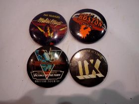 Four music badges, Boston, Pat Travers, Barclay James Harvest, and Robin Trower. UK P&P Group 1 (£