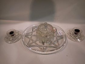 Stuart Crystal tray, pair of candle sticks and a covered bowl, tray L: 27 cm. Not available for in-