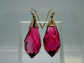 Pair of 9ct gold mounted drop earrings set with large amethysts, each H: 48 mm. UK P&P Group 0 (£6+