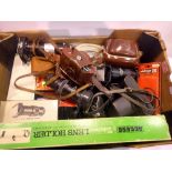 Selection of cameras, lenses and associated items including a Telephoto lens holder. Not available