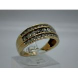 9ct gold diamond set ring having three rows of channel set stones, size N, 3.8g, UK P&P Group 0 (£