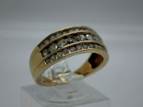 9ct gold diamond set ring having three rows of channel set stones, size N, 3.8g, UK P&P Group 0 (£