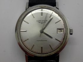LONGINES: gents automatic wristwatch with silvered dial and date aperture on a black leather