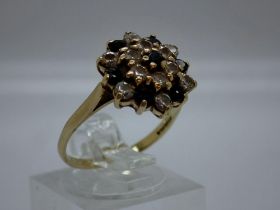 9ct gold cluster ring set with sapphires and cubic zirconia, size O, 2.6g. UK P&P Group 0 (£6+VAT