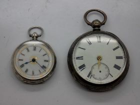 Hallmarked silver key-wind open faced pocket watch, with a 935 continental silver ladies fob