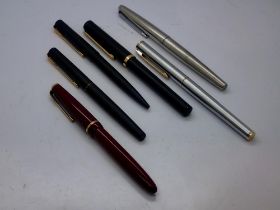 Three Parker fountain pens, one with a 14ct gold nib, and three Schaeffer pens (6). UK P&P Group