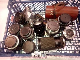 Selection of camera lenses including Chinon and a Pentax Asahi Spotmatic camera. UK P&P Group 3 (£