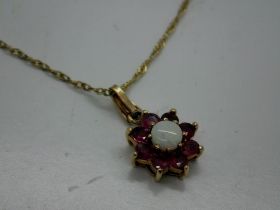 9ct gold pendant necklace set with rubies and opal, chain L: 46 cm, 3.1g. UK P&P Group 0 (£6+VAT for