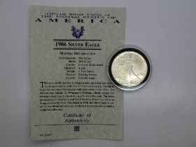 USA 1986 silver eagle one dollar coin, mint condition. UK P&P Group 1 (£16+VAT for the first lot and