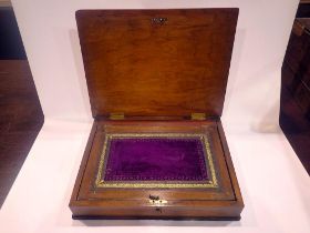 Walnut writing box with tooled leather and velour interior, 48 x 38 cm. UK P&P Group 3 (£30+VAT