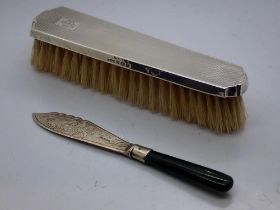 Hallmarked silver topped clothes brush, Birmingham assay, and sterling silver bladed knife. UK P&P