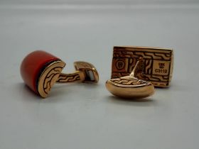 Pair of 18ct gold coral and garnet set cufflinks, face H: 20 mm, combined 18.9g. UK P&P Group 0 (£