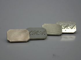 Pair of heavy gauge hallmarked silver chain-link cufflinks, engine turned and engraved with initials