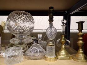 Mixed glassware and two brass candlesticks. Not available for in-house P&P