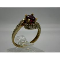 9ct gold ruby solitaire ring, crossover design with diamond set shoulders, size P, 2.7g, ruby D: 6