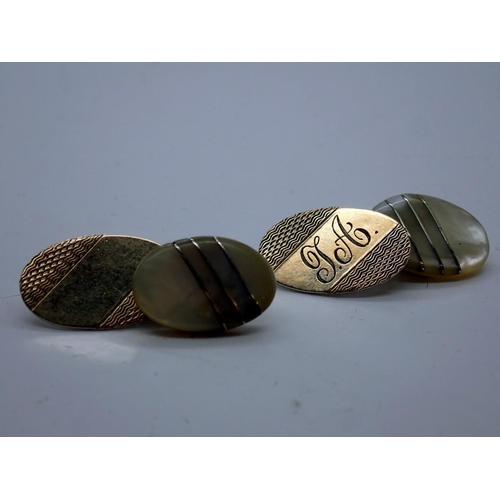 Pair of early 20th century mother of pearl and gold plated cufflinks, in fitted box from Goldsmiths.