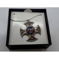 Hallmarked silver and Murano glass millefiori cross pendant necklace, chain L: 46 cm. UK P&P Group 1