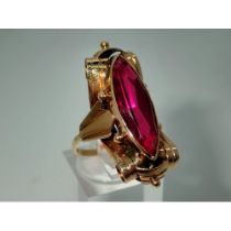 Continental 14ct gold dress ring set with a very large marquise cut ruby (22 x 7.5 mm), size P, 6.