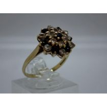 9ct gold cluster ring set with sapphires and cubic zirconia, size O, 2.6g. UK P&P Group 0 (£6+VAT