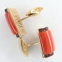 Pair of 18ct gold coral and garnet set cufflinks, face H: 20 mm, combined 18.9g. UK P&P Group 0 (£