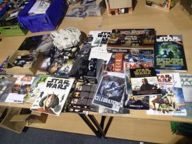Quantity of Star Wars related books, magazines, cards, DVDs, videos, Monopoly game, figures,