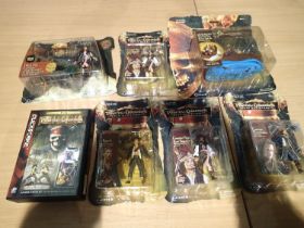 Six Pirates of The Caribbean figures by Zizzle, plus Dead Mans Chest card game, all near mint,