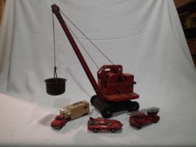 Tinplate Jones KL 44 crane, working with bucket, plus three diecast vehicles including Dinky