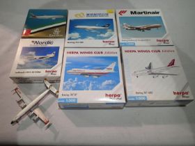 Seven 1/500 scale airliners, various makes and types, mostly excellent condition and boxed, one