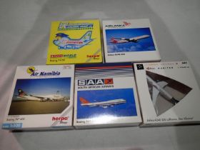 Five Herpa 1/500 scale airliners, various types and liveries, mostly excellent condition and